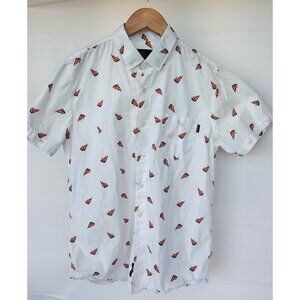 Molokai Surf Co Men's Medium Short Sleeve Button Shirt White Cotton Pizza Design